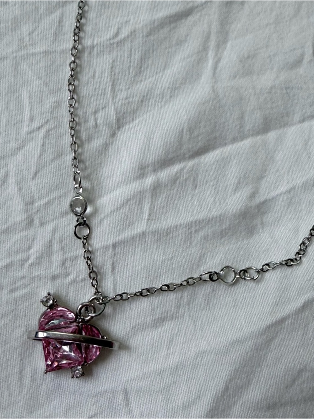Brand New Y2K Magic Fantasy Silver Diamond Pink Heart Charm Pendant Necklace